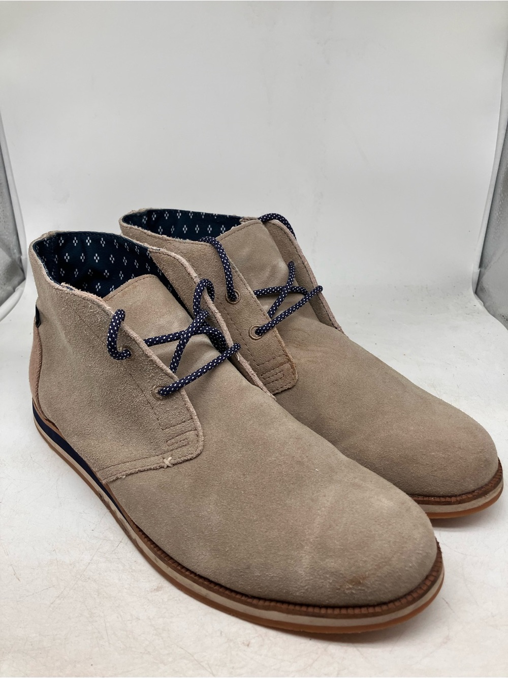 Taupe Suede Chukka Boots with Navy Laces